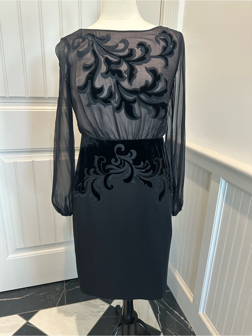 Ann Taylor 100% Silk Baroque Pattern Velvet & chiffon Illusion Dress, Sz 2